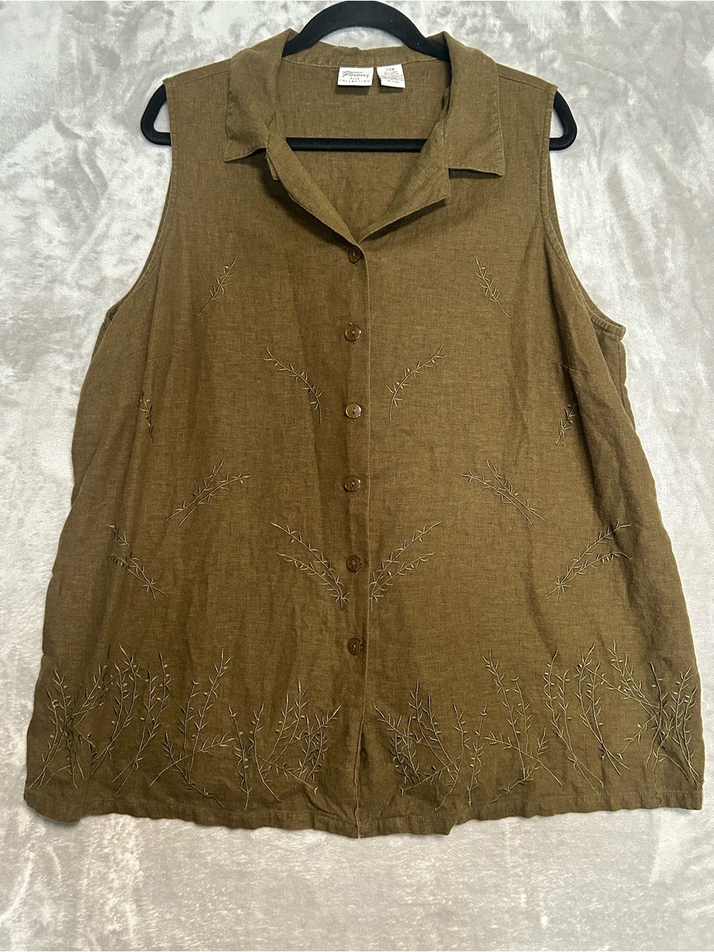 Giorgio Fiorlini Linen Blend Button Up Tank Top Women’s 24W Embroidered Green